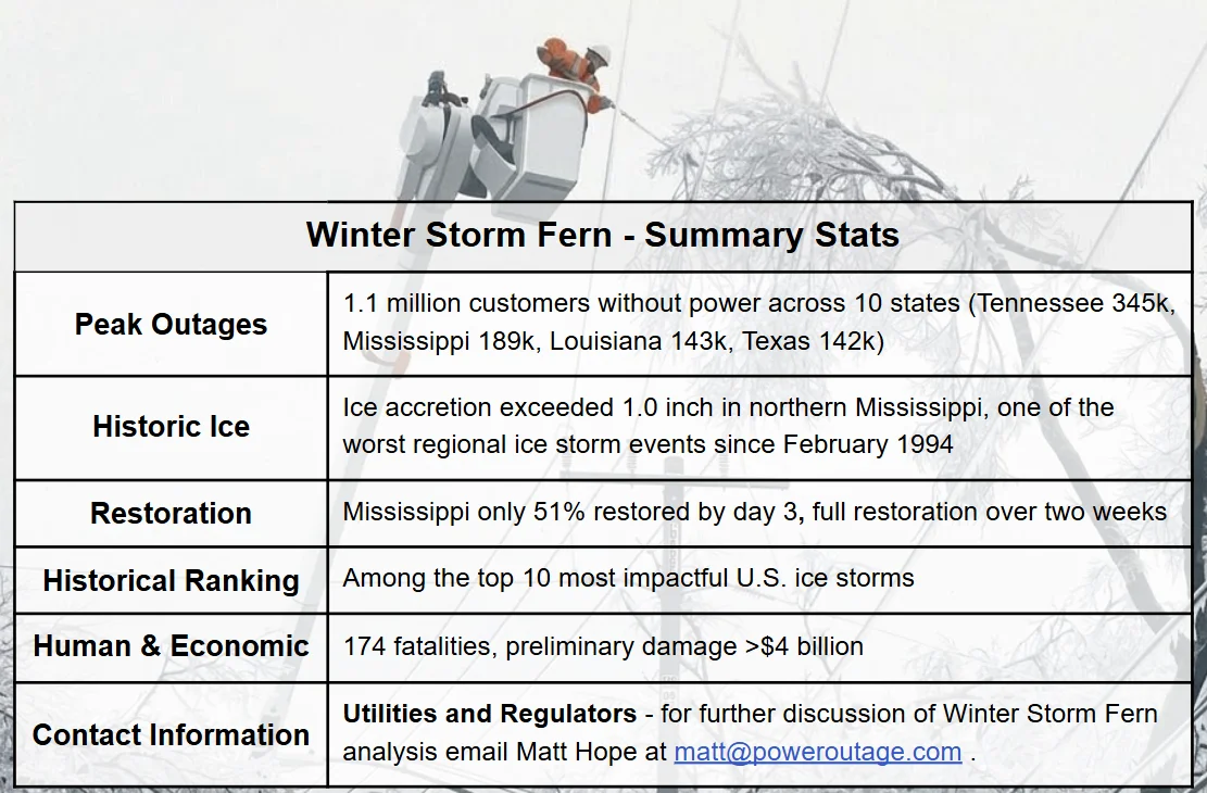 Winter Storm Fern summary stats: peak outages, historic ice, restoration timeline, historical ranking, human and economic impacts, and contact information