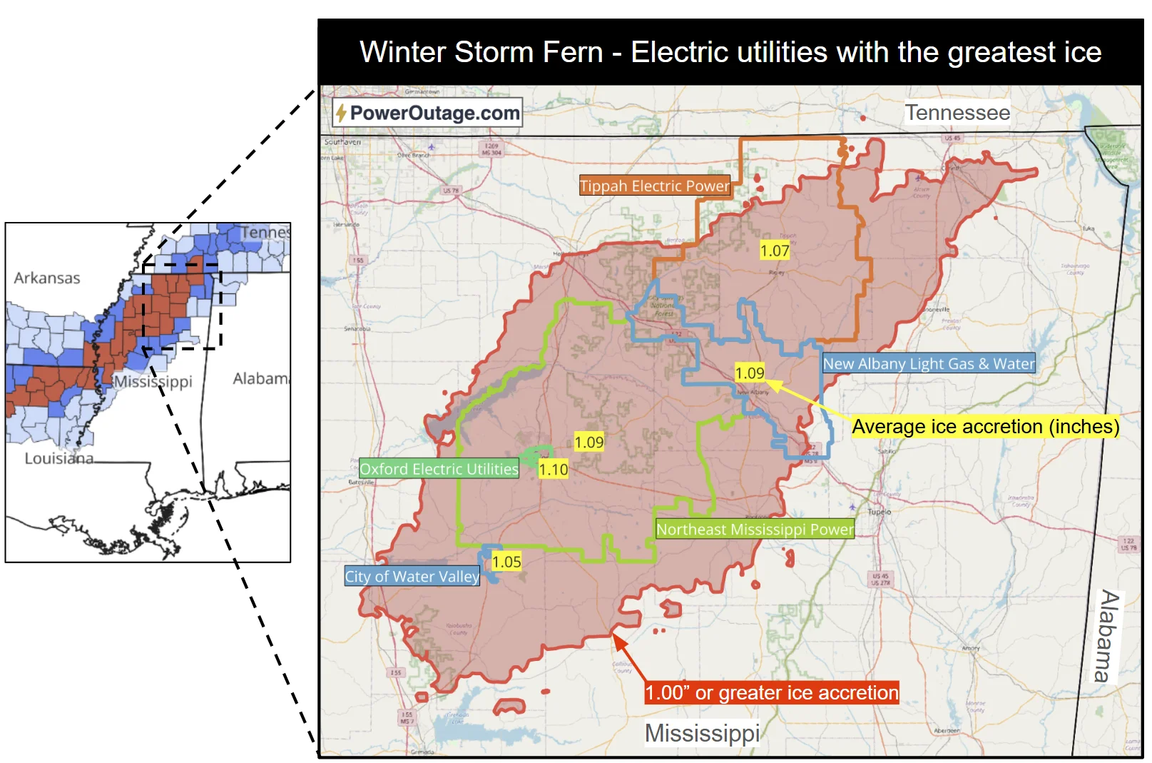 Northern Mississippi electric utilities with the greatest observed ice accretion