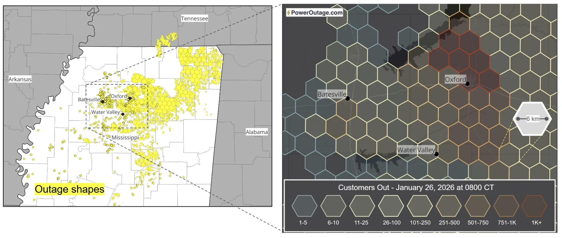 OutageIQ: Observed outage information on January 26, 2026 showing outage shapes and H3 resampling