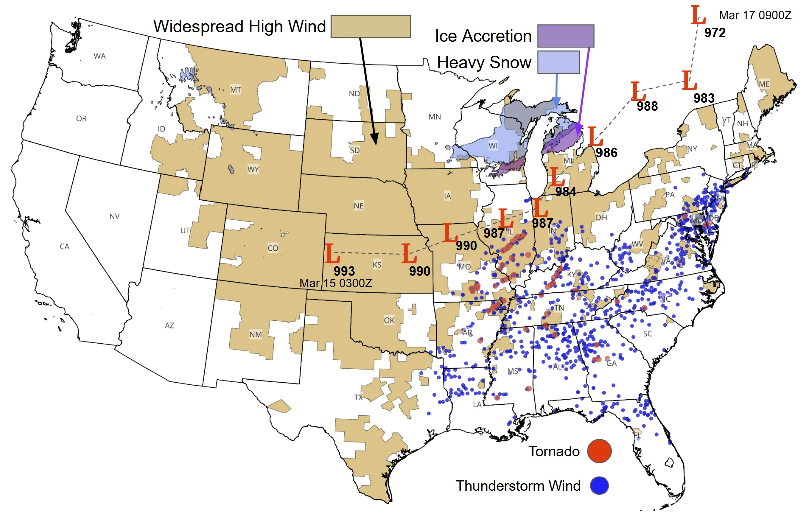 March 15-17, 2026 storm track and observed weather hazard information for Winter Storm Iona