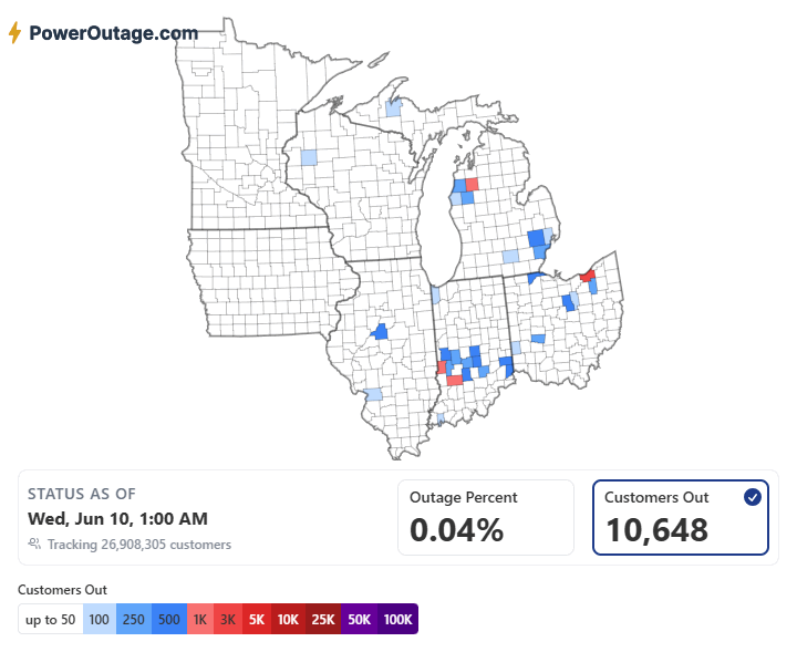 Heatmap animation of total customers without power from June 10–14, 2026