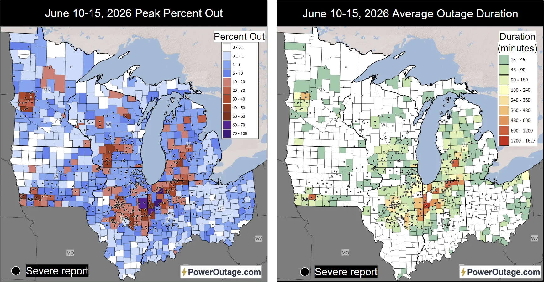 Outage severity factors by county showing peak percent out and average outage duration