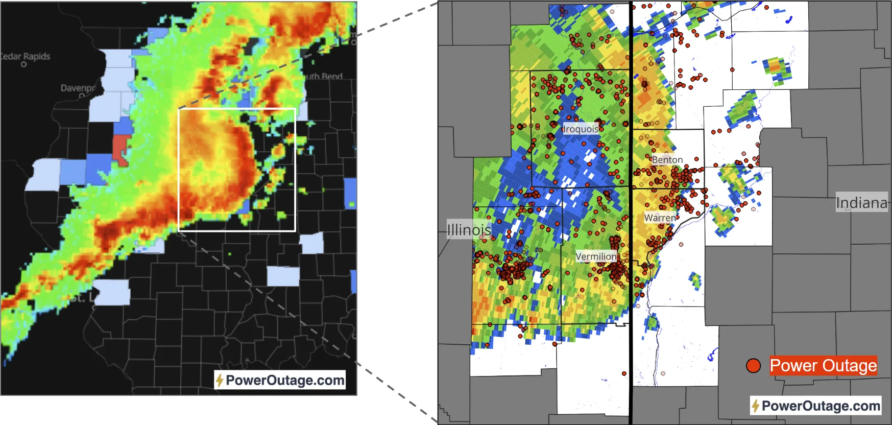Regional Illinois and Indiana composite radar reflectivity of mature bow echo with near-synchronous power outage data