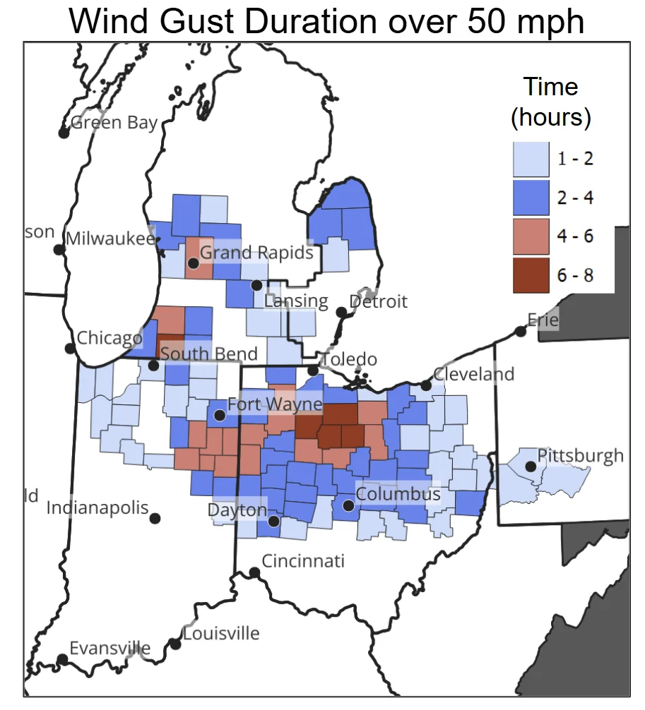 County-averaged peak wind gust time duration at or above 50 mph for March 13, 2026