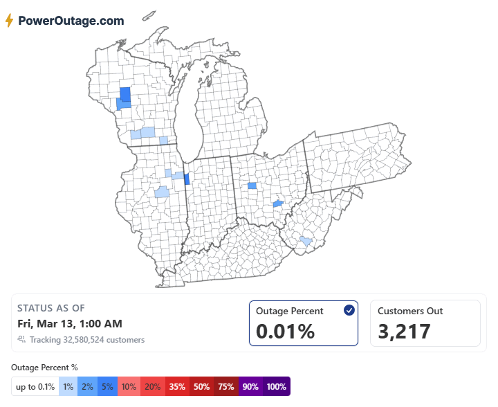 Animated progression of power outages during the March 13, 2026 windstorm showing west-to-east outage spread and ongoing restoration