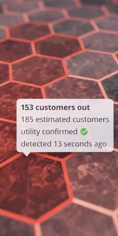 A hexagonal grid overlaid on a map with a popup saying 153 customers are out, 2134 estimated customers, utility confirmed, and detected 13 seconds ago.