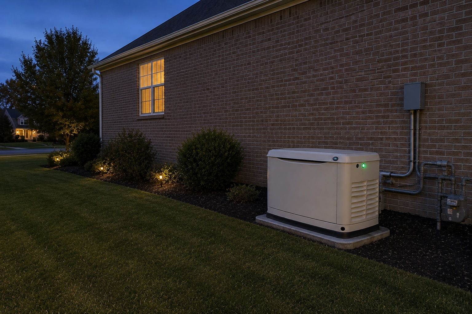Standby generator outside brick home