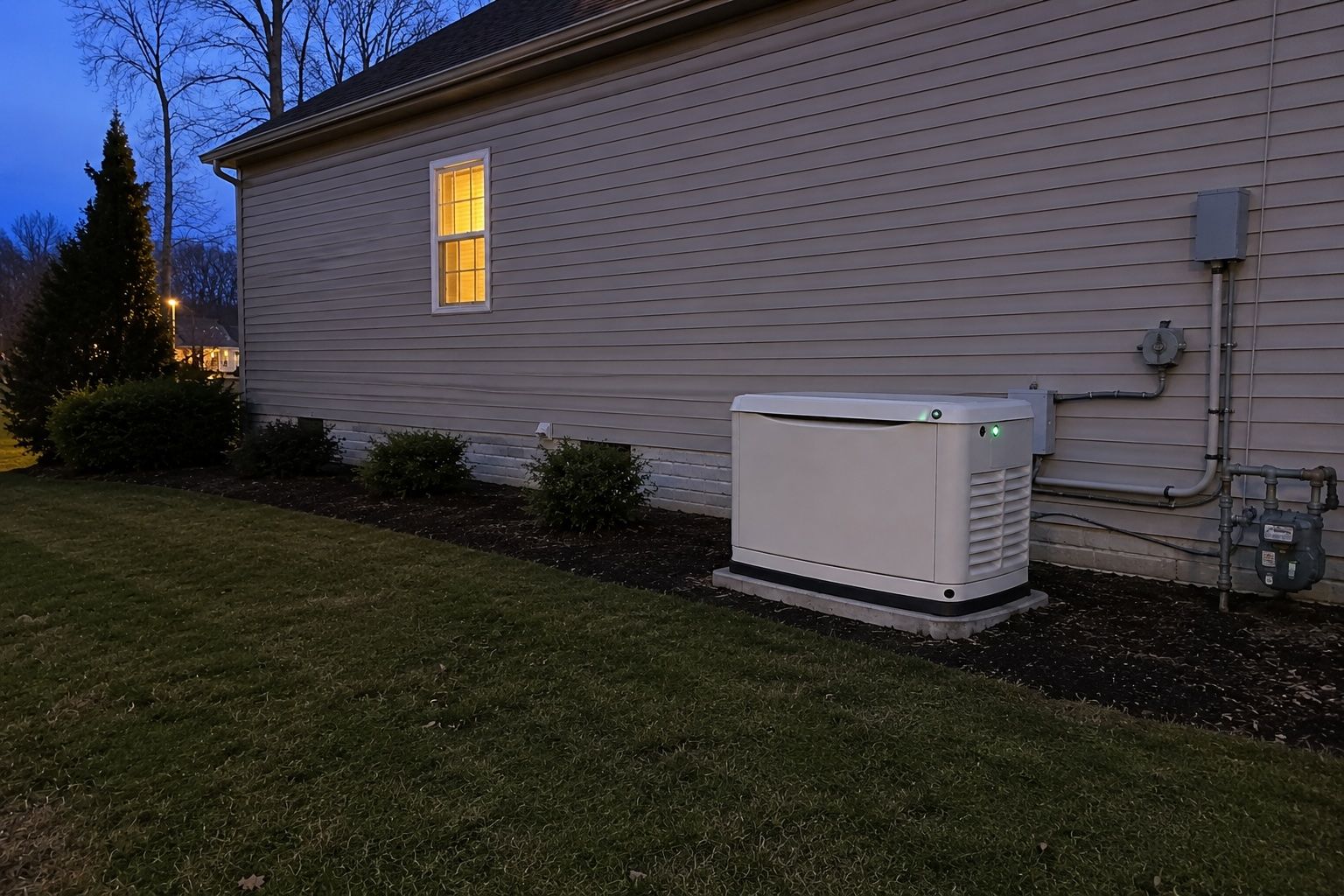 Standby generator outside home at night
