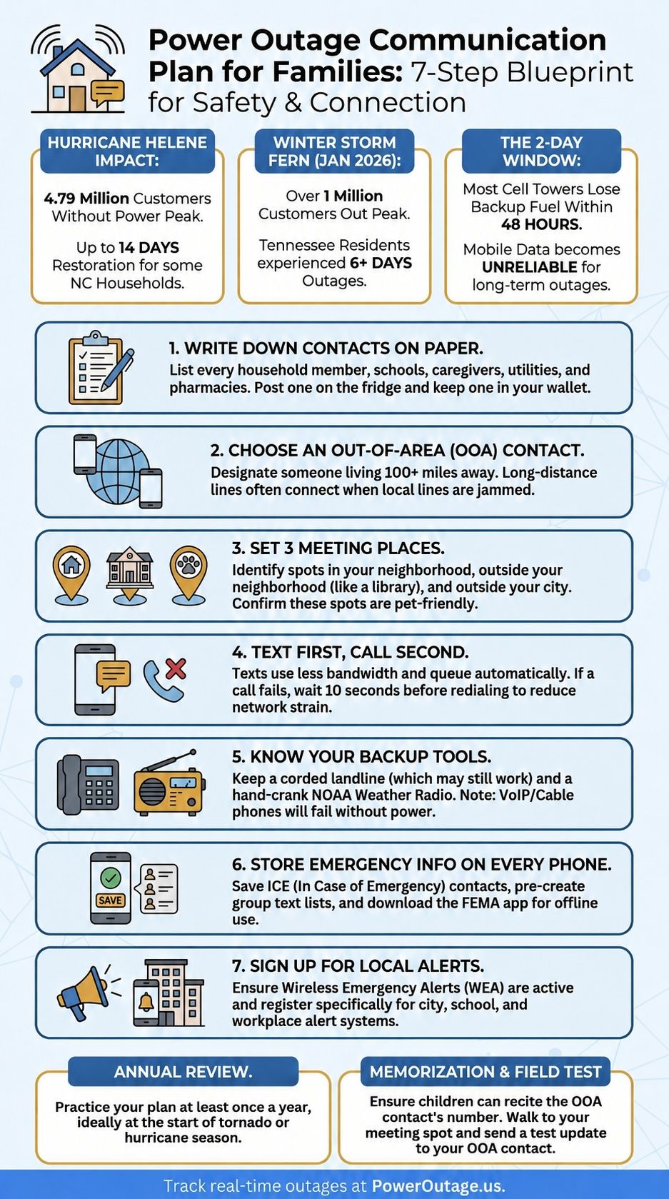Infographic explaining power outage communication plan steps